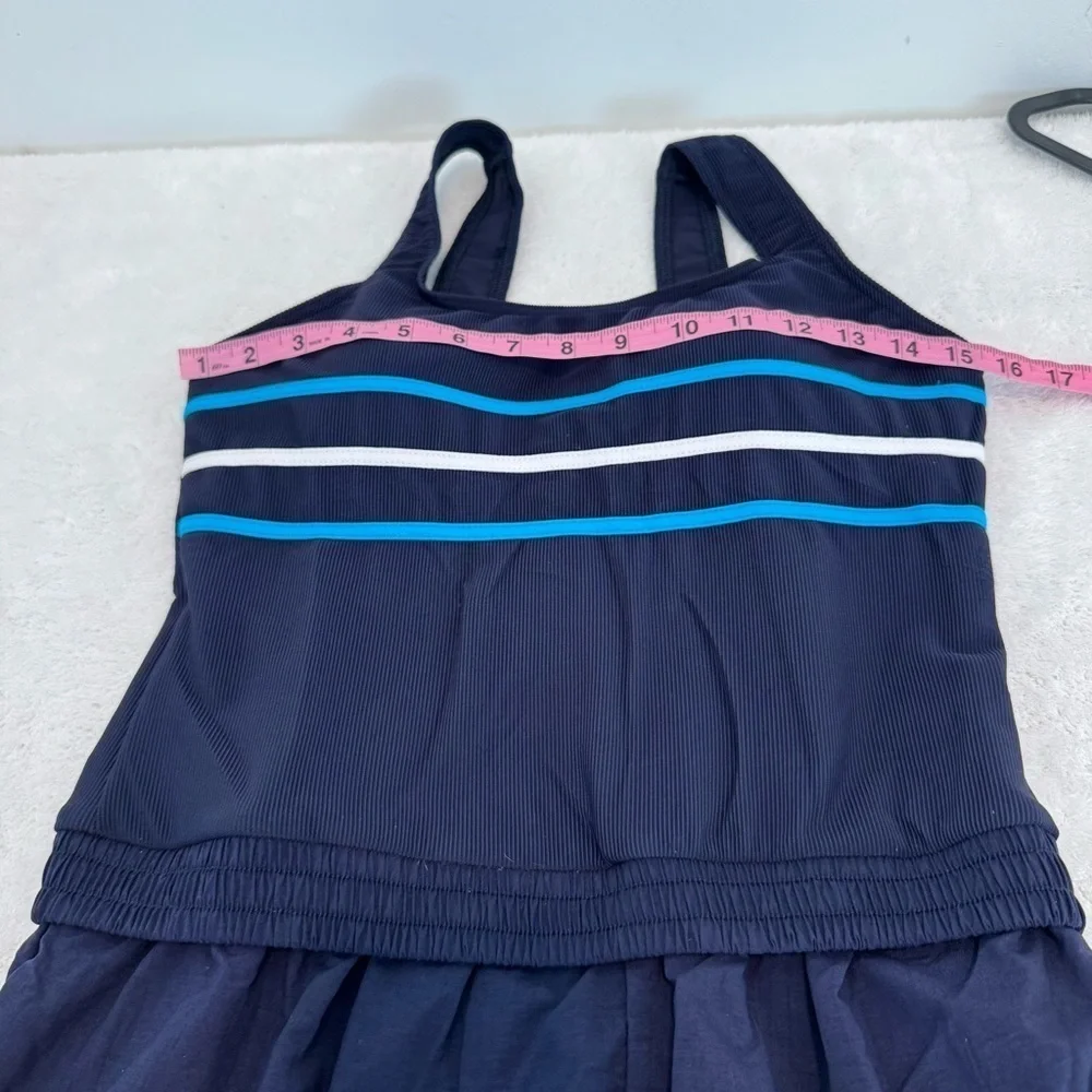 LL BEAN womens 1 pc SWIM SWIMMING SUIT SHORTS dark blue stripe BRA TOP size 14R